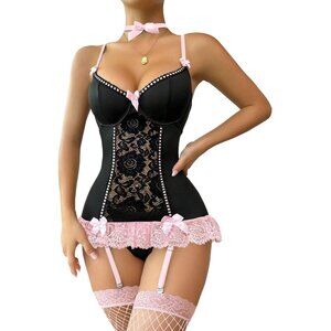 Sexy Floral Lace Garter Belt Babydoll Corset Push Up Pink Belt Lingerie Set
